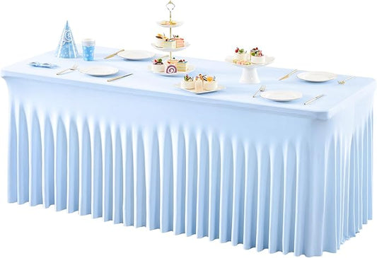 1 Pack Baby Blue Tableclothes for 8 Foot Rectangle Tables, One-Piece Wrinkle Resistant Stretch Spandex Table Covers with Skirt for Event Banquet Wedding Birthday Party