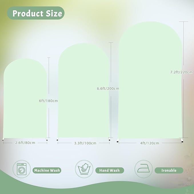 (7.2FT, 6.6FT, 6FT) Wedding Arch Cover Set of 3 Sage Green Spandex Fitted Arch Cover for Round Top Chiara Backdrop Stand Covers for Birthday Party Banquet Photo Background Decoration