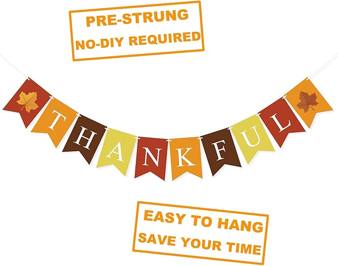 Thankful Banner Thanksgiving Day Decorations for Mantle Fireplace Fall Banner Garland Autumn Harvest Home Decor Fall Photo Props Wall Hanging Bunting Assembled Thanksgiving Party Supplies