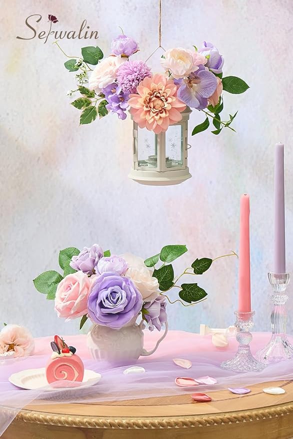 Serwalin Artificial Pink & Purple Flowers, Silk Fake Flowers for DIY Wedding Bouquets Cake Flower, Table Centerpieces Baby Shower Birthday Party Home Decorations
