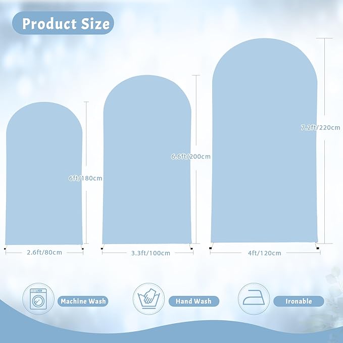 (7.2FT, 6.6FT, 6FT) Wedding Arch Cover Set of 3 Baby Blue Spandex Fitted Arch Cover for Round Top Chiara Backdrop Stand Covers for Birthday Party Banquet Photo Background Decoration