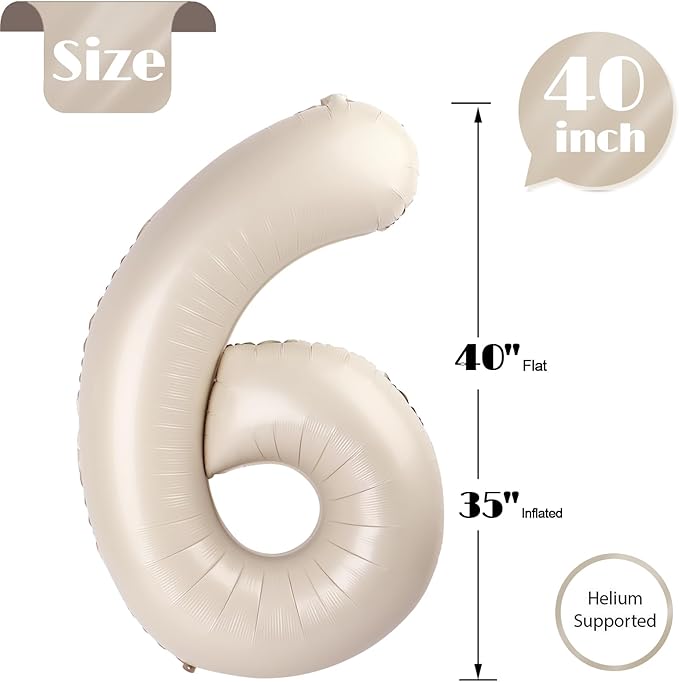Cream Number 6 Balloon 40 Inch, 6th Birthday Party Decorations for Children, Giant 6 Foil Balloon for Party Supplies