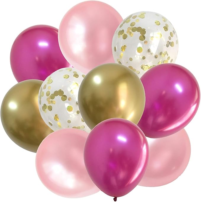 Assorted Pink Gold Metallic Balloons- Bridal Baby Girls Shower Birthday Wedding Party Supplies and Decorations 12inch 50packs (Hot Pink + Gold)