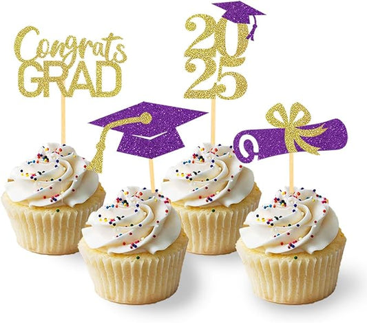 24Pcs Graduation Cupcake Toppers, Graduation Cupcake Picks for Cupcake Food Decorations - Class of 2025 Cupcake Toppers Supplies (Purple Gold)