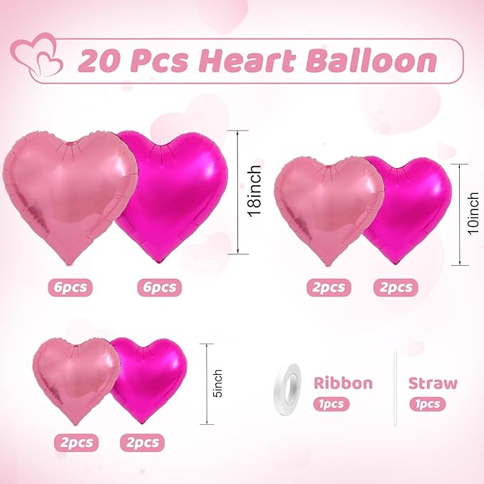 Hot Pink Heart Balloons, Heart Shaped Ballons, 20 Pcs 5/10/18 inch Pink Foil Love Balloons for Valentine's Day Decorations Wedding Engagement Bridal Showers Anniversary Celebrations