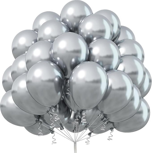 Metallic Silver Balloons - 50pcs, 12 Inch Chrome Silver Latex Balloons for Birthday, Graduation, Anniversary, Wedding & Party Decorations