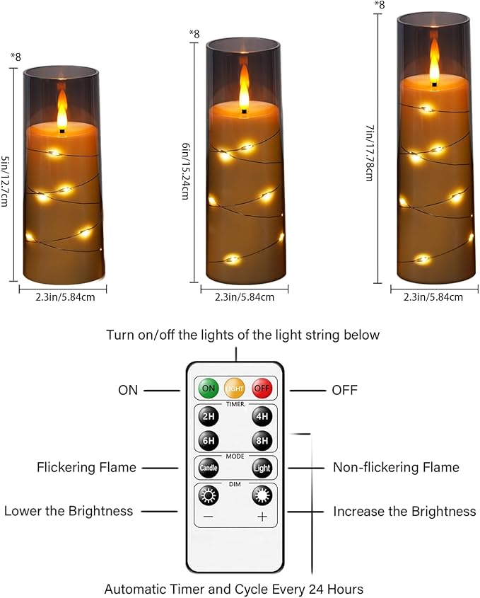Flickering Flameless LED Candles,Battery Operated Candles 24 Pcs with Embedded Star String,Acrylic LED Pillar Candles with Remote,Suitable for Home Decoration to Create an Atmosphere (Grey)