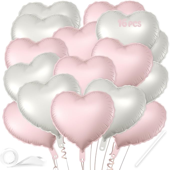 16 Pcs Heart Balloons, 18 Inch Pink White Sand Love Heart Shaped Foil Balloons for Wedding Anniversary Birthday Party Valentine Decorations Baby Shower Bridal Shower Engagement Decorations Supplies