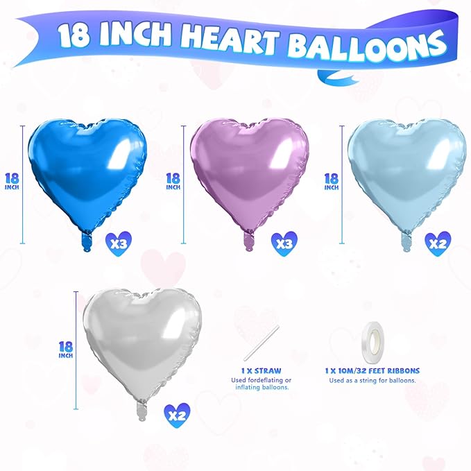 Blue Purple Silver Heart Balloons, 10 Pcs 18 Inch Metallic Purple Blue Heart Shape Foil Balloon for Kids Girls Ice Princess Wonderland Frozen Birthday Wedding Valentines Baby Shower Party Decorations