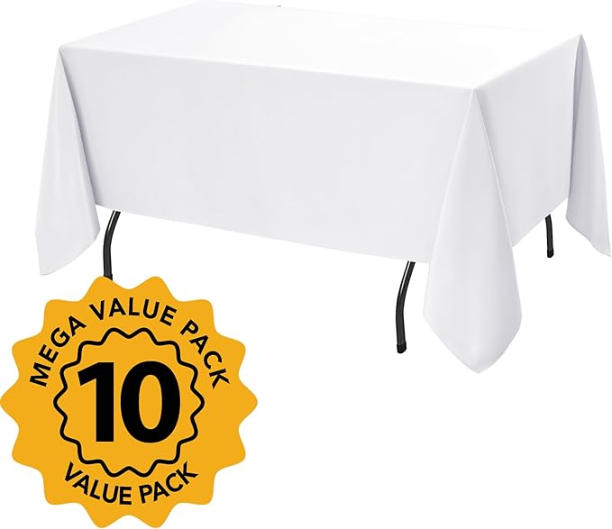 10-Pack White Tablecloths for Rectangle Tables, 70 x 108 Inches, Stain-Resistant Polyester Fabric for 6 Foot Tables - Washable Table Covers for Weddings, Banquets, Birthday Parties, Events