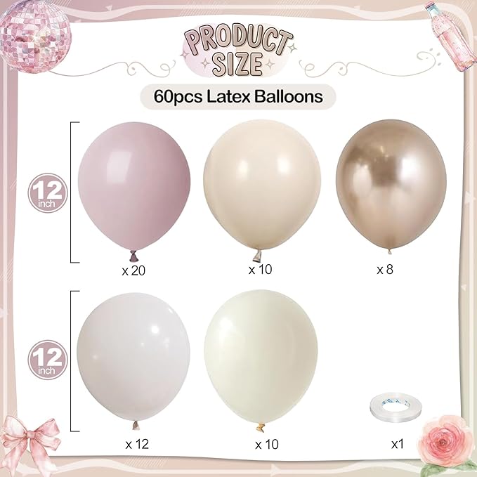 Dusty Pink Beige Balloons, 60 Pcs 12 Inch Pink Sand White Balloons, Metallic Gold Nude Cream Balloon for Girls Women Birthday Pastel Bridal Shower Boho Wedding Baby Shower Engagement Party Decoration