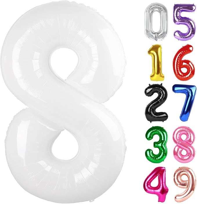 White Number 8 Balloon 40 Inch, 8th Birthday Party Decorations for Children, Giant 8 Foil Balloon for Party Supplies