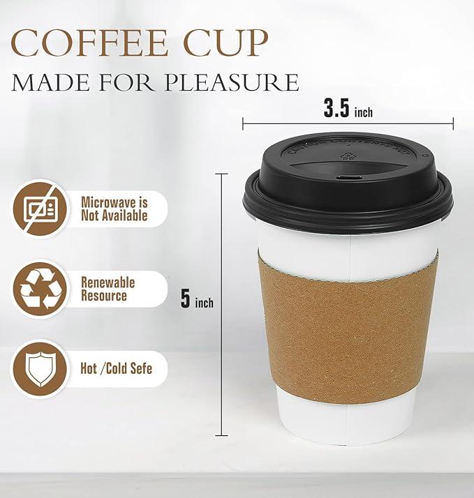Ginkgo 100 Pack 12 oz Disposable Thickened Paper Coffee Cups with Lids and Sleeves, To Go Hot Coffee Cups, Hot Chocolate, Cocoa and Coffee Bar Supplies