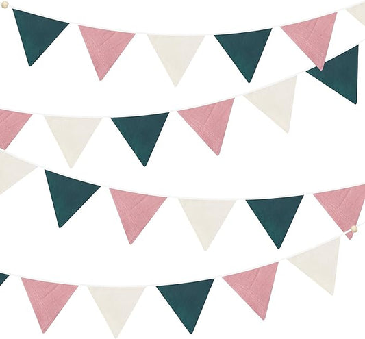 2 Sets of Dusty Pink Green Beige Pennant Banner 24Pcs Flags Nursery Garland Linen Fabric Triangle Bunting Streamers for Kids Girls Birthday Boho Baby Shower Wedding Party Decorations Baby Room Decor
