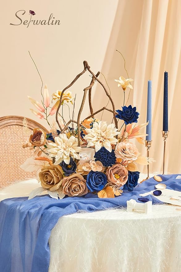 Serwalin Artificial Khaki Brown & Blue Flowers, Silk Fake Flowers for DIY Wedding Bouquets Cake Flower,Table Centerpieces Baby Shower Birthday Party Home Decorations