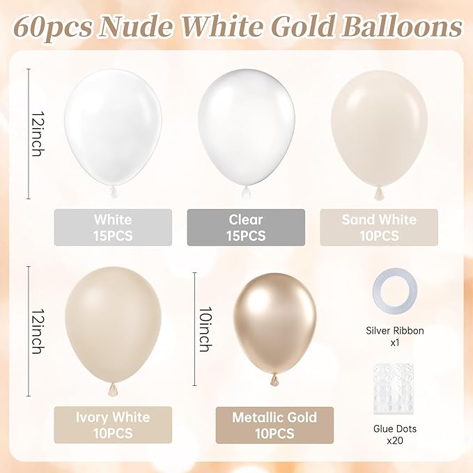 60pcs 12inch Beige White Gold Balloons, Metallic Gold Sand White Cream Beige Balloons for Engagement Wedding Baby Bridal Shower Birthday Party Decorations