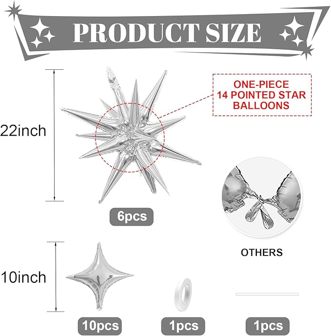 Silver Star Balloons,Explosion Balloons Kit with 6Pcs 22Inch Cone Star Foil Balloons and 10Pcs 10Inch Four Pointed Star Balloons for Birthday Anniversary Disco Party Decorations