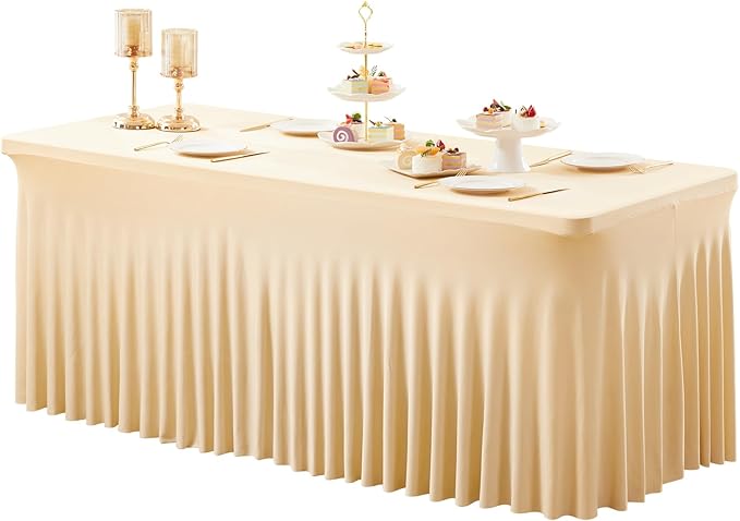 1 Pack Dark Champagne Table Clothes for 4 Foot Rectangle Tables, One-Piece Wrinkle Resistant Stretch Spandex Table Covers with Skirt for Event Banquet Wedding Birthday Party