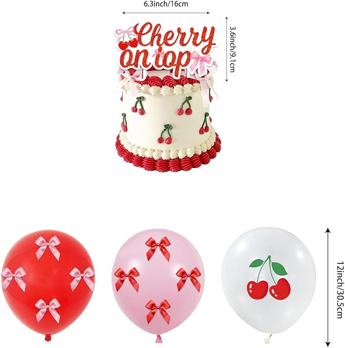 143PCS Cherry Birthday Party Decorations, She's The Cherry On Top Party Supplies Plates and Napkins Set, Tableware,Banner, Hanging Swirls, Tablecloth, Cake Cupcake Topper, Wedding Bridal Baby Shower