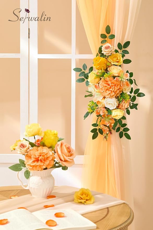 Serwalin Artificial Yellow Orange Fall Flowers, Autumn Silk Fake Flowers for DIY Wedding Bouquets Cake Flower, Table Centerpieces Baby Shower Birthday Party Home Decorations