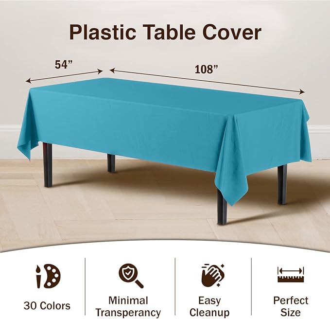 Party Solids 6-Pack Premium Plastic Tablecloth 54in. x 108in. Rectangle Plastic Table Cover - Turquoise