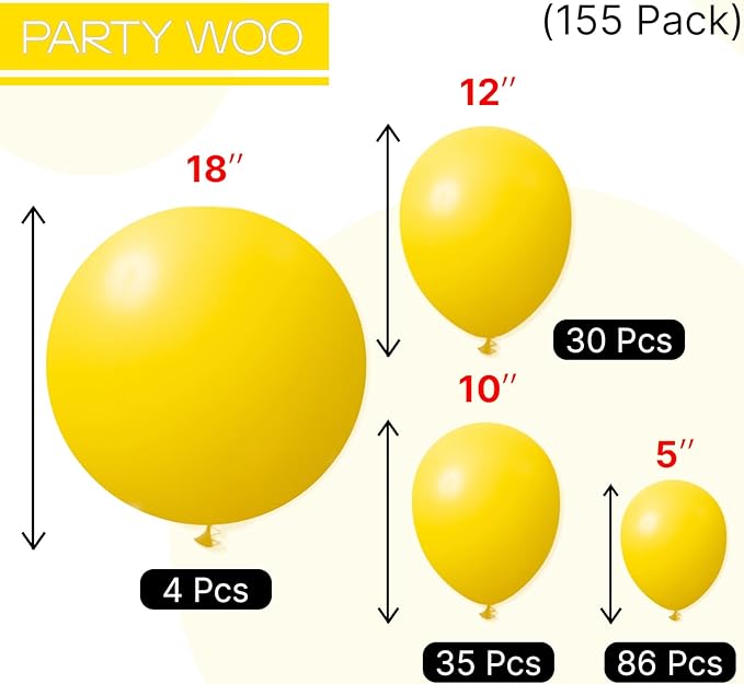 PartyWoo Yellow Balloons 155pcs Different Sizes of 18 12 10 5 Inch Matte Yellow Latex Balloon Arch Kit Garland for Easter Bee Baby Shower Sunflower Birthday Graduation Party Decorations Yellow-Y55