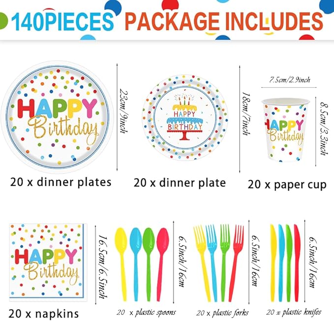 140pcs Happy Birthday Party Supplies Set with Colorful Polka Dots Design- Includes Disposable Paper Birthday Plates and Napkins, Cups,Dots Party Supplies Serves 20 Guests