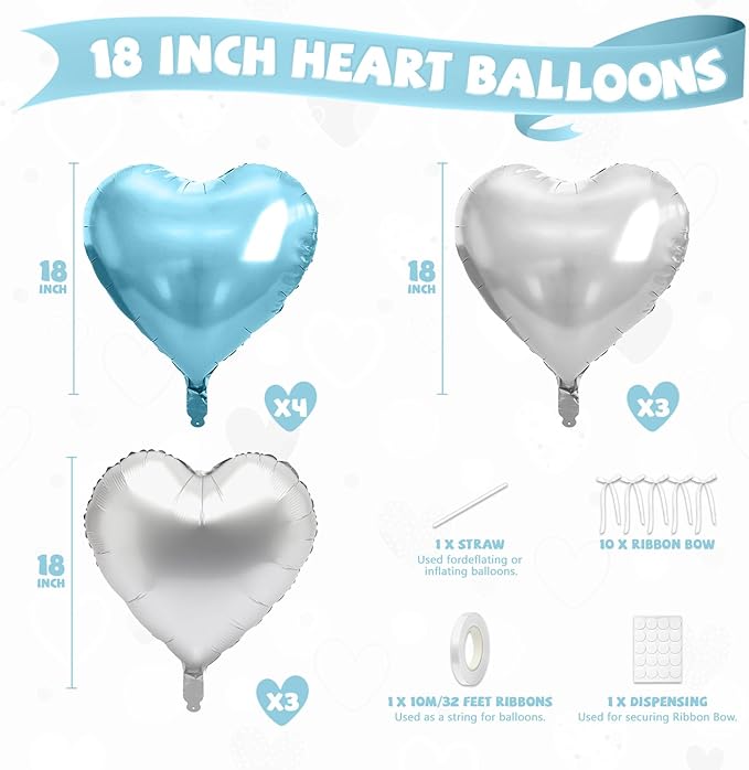 Blue and Silver Heart Balloon, 10 Pcs Light Blue Heart Shaped Balloon with White Bow Ribbon, 18 Inch Metallic Silver Foil Balloons for Boys Men Brithday Baby Shower Wedding Valentines Party Decoration