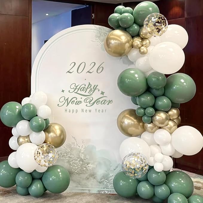 155Pcs Sage Green White Gold Balloon Garland Arch Kit with Gold Confetti Balloons for Graduation Baby Shower Decor Happy Birthday Party Wedding Jungle Decorations
