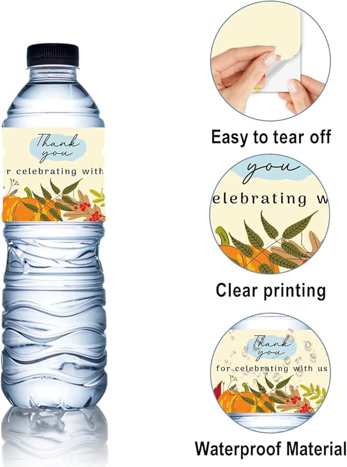 100Pcs Fall Thank You for Celebrating with Us Water Bottle Labels Fall Water Bottle Labels Sticker for Wedding Bridal Baby Shower Thanksgiving Birthday Party Table Decoration Supplies