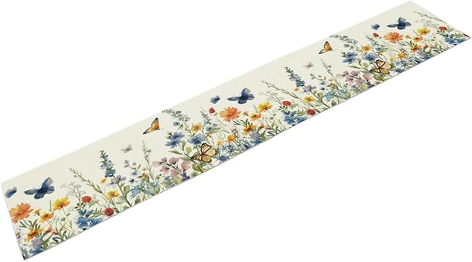 Butterfly Table Runner, Wildflowers Floral Butterfly Table Decoration Seasonal Spring Summer Home Kitchen Dining Table Indoor Outdoor Farmhouse Decor 13x36 in