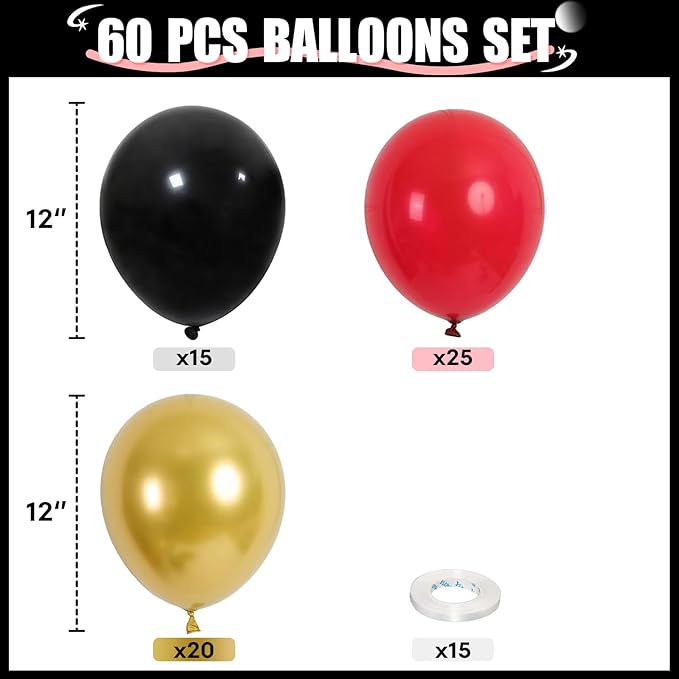 Red Black and Gold Balloons, 60Pcs 12 Inch Red and Black Gold Party Balloons Casino Theme Party Decoration for Graduation New Year Casino Movies Night Festival Birthday Party Decorations