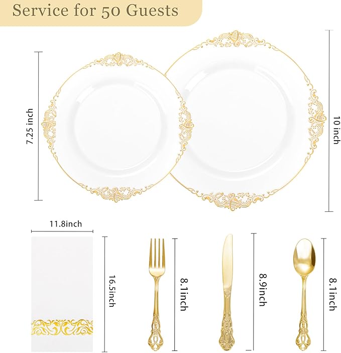 Ciaell 300PCS White and Gold Plastic Plates - Gold Disposable Dinnerware Sets for 50 Guests - 100 Plates, 50 Knives, 50 Forks, 50 Spoons, and 50 Napkins for Wedding, Anniversary, Party & Thanksgiving