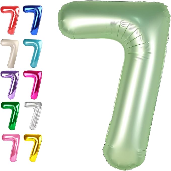 Digital Number 7 Sage Green Birthday Balloon 40 Inch, Foil Balloons for 7 17 27 70 77 Party Decorations Supplies, Oliver Green Mylar Numbers Balloon for Seven Wedding Anniversary