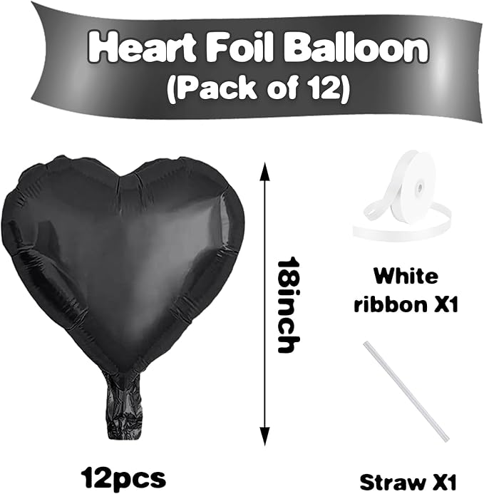 Black Heart Balloons,12Pcs 18 Inch Black Foil Love Heart Shaped Balloons for Valentines Day Birthday Party Wedding Engagement Anniversary Celebration Baby Shower Decorations