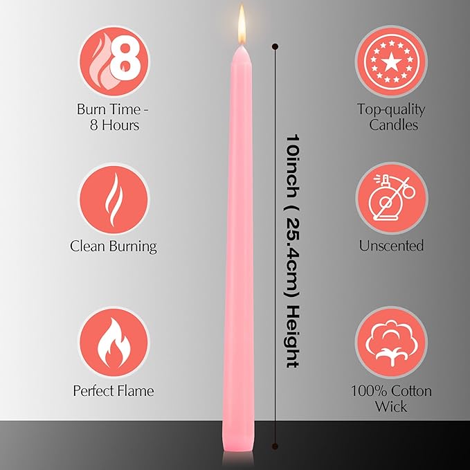 12 Pack Pink Taper Candles - Taper Candles 10 Inch Dripless, Smokeless & Unscented - 8 Hours Long Burning - Tall Candlesticks - Ideal for Weddings, Dinner Parties, Home Decor, Birthday Party