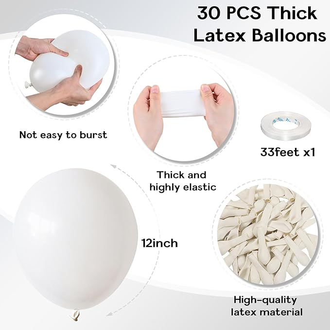 White Balloons, 30pcs - 12inch, White Matte Latex Balloons for Arch, Garland, Bouquet, Party Decorations, BLSR010