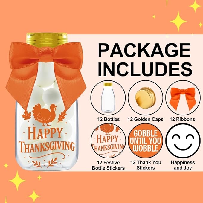 12 Pack Thanksgiving Candy Jars with Ribbons & Stickers – Mini Favor Bottles for Kids – DIY Candy Containers for Classroom, Fall Parties, Baby Showers, and Holiday Table Decorations