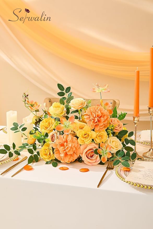 Serwalin Artificial Yellow Orange Fall Flowers, Autumn Silk Fake Flowers for DIY Wedding Bouquets Cake Flower, Table Centerpieces Baby Shower Birthday Party Home Decorations