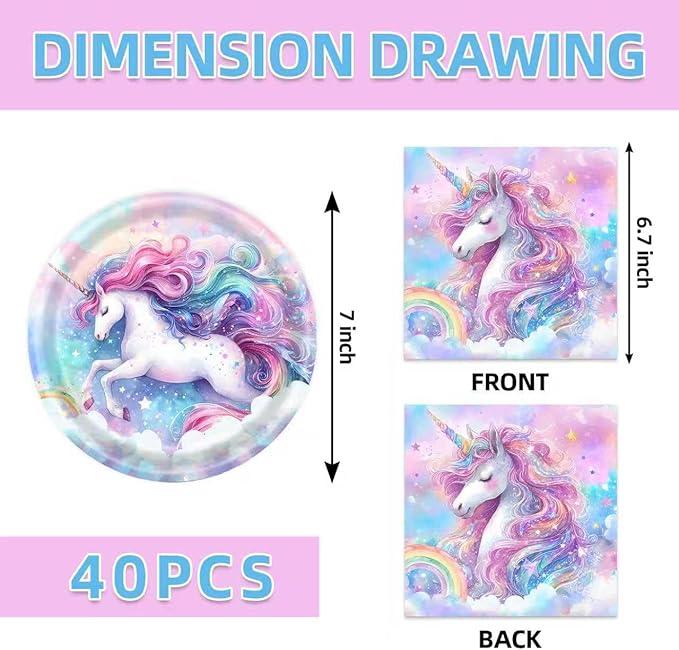 40Pcs Unicorn Birthday Party Decorations Unicorn Plates and Napkins Baby Shower Party Supplies Set for 20 Guests