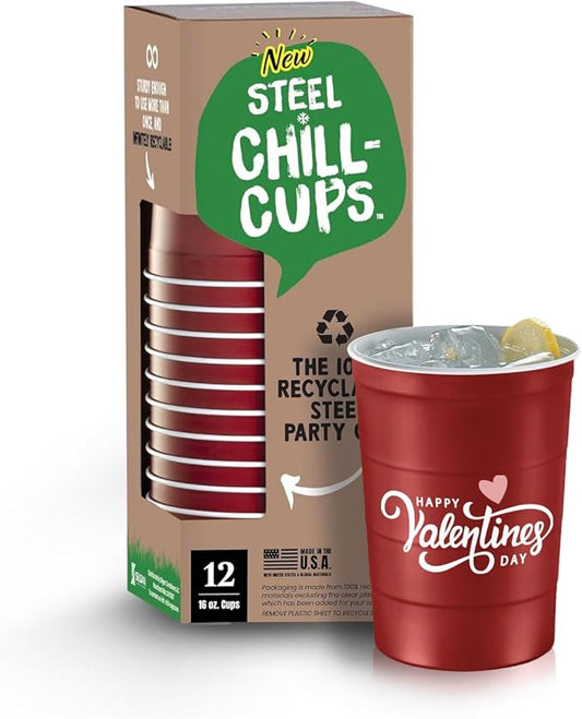 16 oz. Party Cups 'Happy Valentine's Day' Heart Design for Cold Drinks, Durable, Disposable, Recyclable, Made in USA, Red, 12 Count