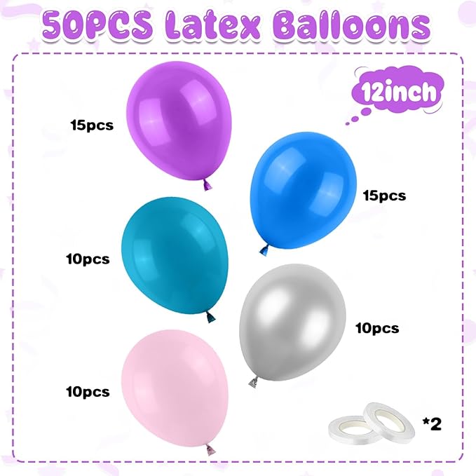 Pink Blue Purple Balloons, 50PCS 12 Inchs Pink Metallic Blue Silver Theme Balloon Latex Balloons for Kids Birthday Hawaii Tropical Party Supplies Baby Shower Party Decorations