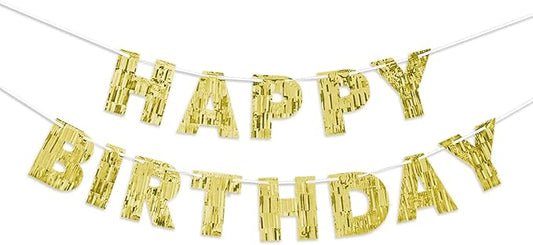 Pre-Strung Gold Happy Birthday Banner – 9 FT No DIY Glitter Foil Party Garland for Men, Women, Kids – Wall, Photo Backdrop, Dessert Table Decorations