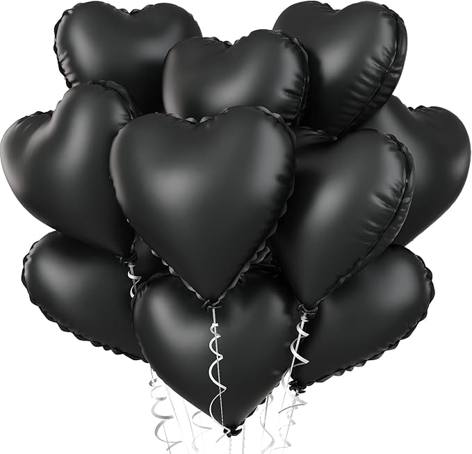 Foil Heart Balloons - 10 Black Heart Shaped Balloons, 18inch Metallic Foil for Valentines Day, Wedding, Birthday, Halloween Party