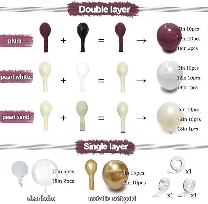Dark Purple White Balloon Arch Kit, Double Stuffed Plum Burgundy Pearl White Sand Gold Balloon Garland with Clear Bobo Latex for Birthday Baby Shower Bridal Wedding Fall Christmas Party Decoration