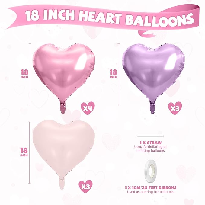 Pink Purple Heart Balloons, 10 Pcs Light Pink and Purple Heart Shaped Balloon, 18 Inch Pastel Foil Balloons for Girls Women Butterfly Brithday Bridal Baby Shower Wedding Valentines Party Decoration