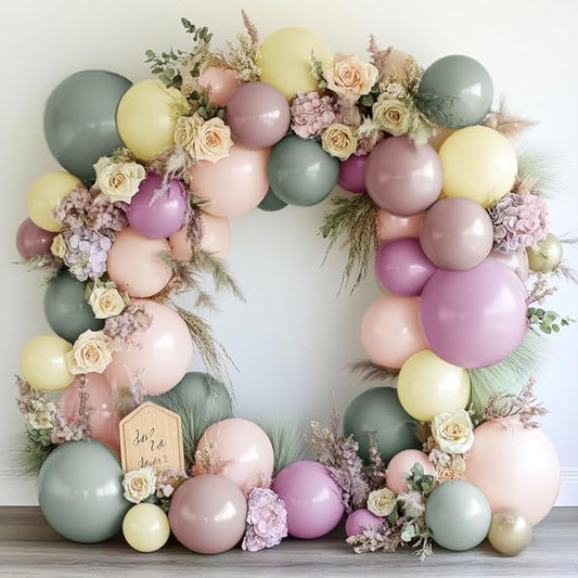 Dusty Green Pink Yellow Balloon Garland Double Stuffed Pastel Pink Yellow Haze Purple Green Floral Pastel Balloons Arch Kit for Birthday Wild Flower Baby Shower Wedding Garden Tea Party Decoration