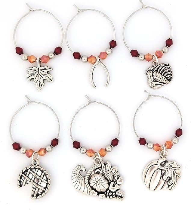 Thanksgiving Wine Charms, Turkey, Leaf, and Pumpkin Wine Charms, Thanksgiving Gifts, Glass Tag Identifier, Cornucopia, Apple Pie, Wishbone, Dinner Party Supplies and Party Favors - 6 Pack