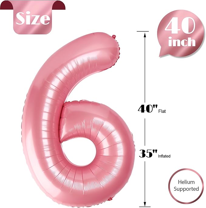 Pearlescent Pink Number 6 Balloon 40 Inch, 6th Birthday Party Decorations for Children, Giant 6 Foil Balloon for Party Supplies