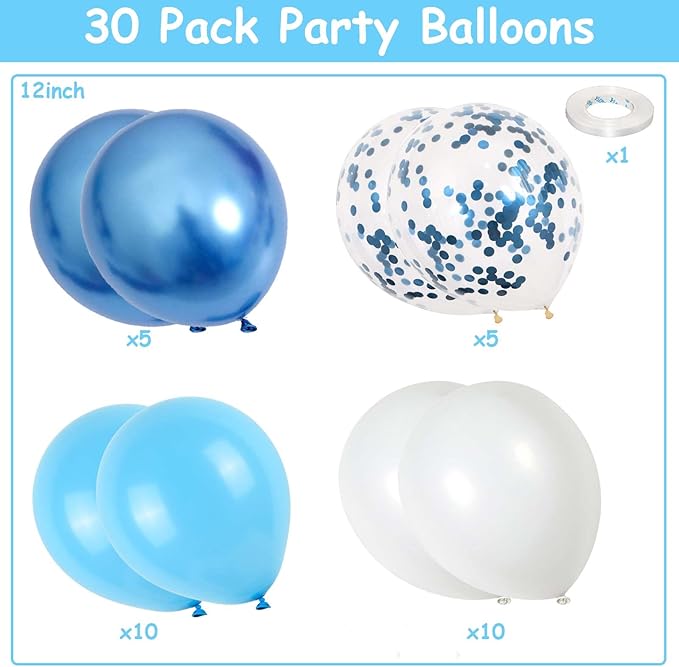 Blue and White Balloons, 12 Inch Light Blue White Latex Party Balloon Set Metallic Blue Balloons and Blue Confetti Helium Balloons for Kids Birthday Wedding Baby Shower Christening Party Decorations